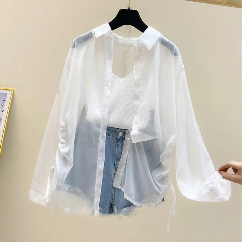 Drawstring Long Sleeve White Sunscreen Shirt Women New Summer Thin Casual Chiffon Blouse Women Tops Fashion Plus Size Shirts X30