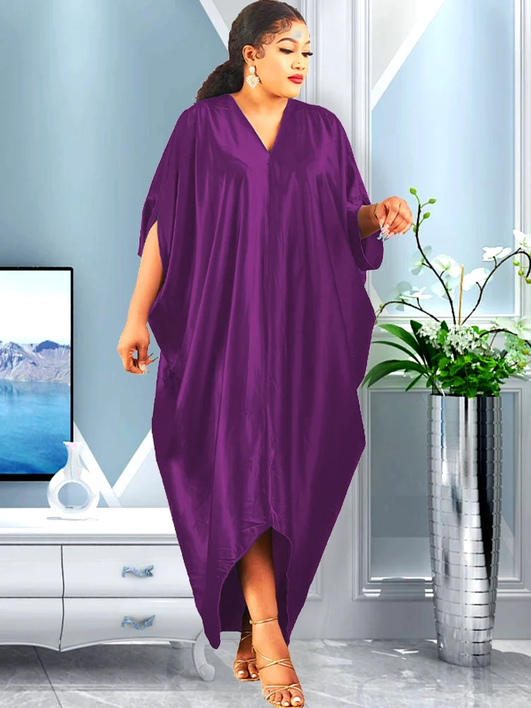 New Muslim Dresses For Women 2022 Pure Color African Maxi Robe V-neck Print Short Sleeve Novelty Dress Kanga Clothing Bouou