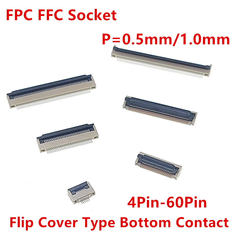 Conector FPC FFC de 0.5mm 1.0mm Cable Plano PCB SMT ZIF 4 5 6 7 8 10 12 16 18 20 26 28 30 32 36 40 50 54 60P Contacto Inferior Zócalo
