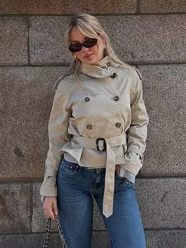 HH Women Fashion Double Breasted Belt Decoration Short Coat Female Autumn Solid High Collar Asymmetrical Casual Street Jacket