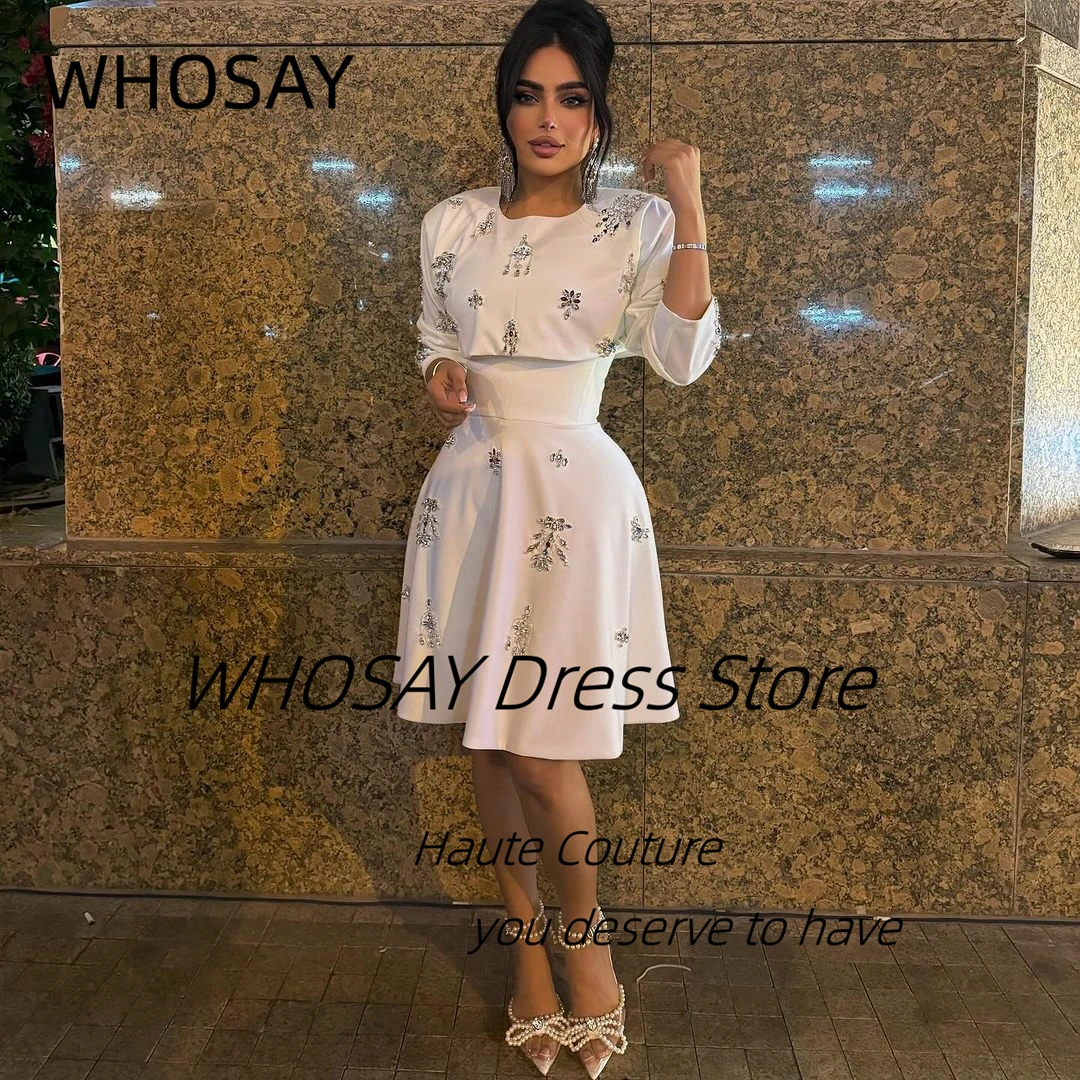 WHOSAY Saudi Party Women Wear Short Prom Dresses Long Sleeves Crystals Evening Banquet A Line Graduation Homecoming Gowns