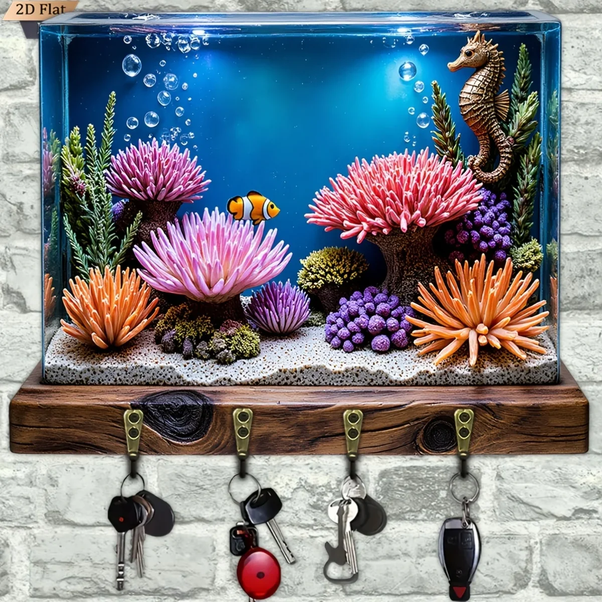 2D Flat, 1pc, Underwater Coral Seahorse Key Hook Wooden Multifunctional Home Key Rack with Four Metal Hooks, Wall Decoration,