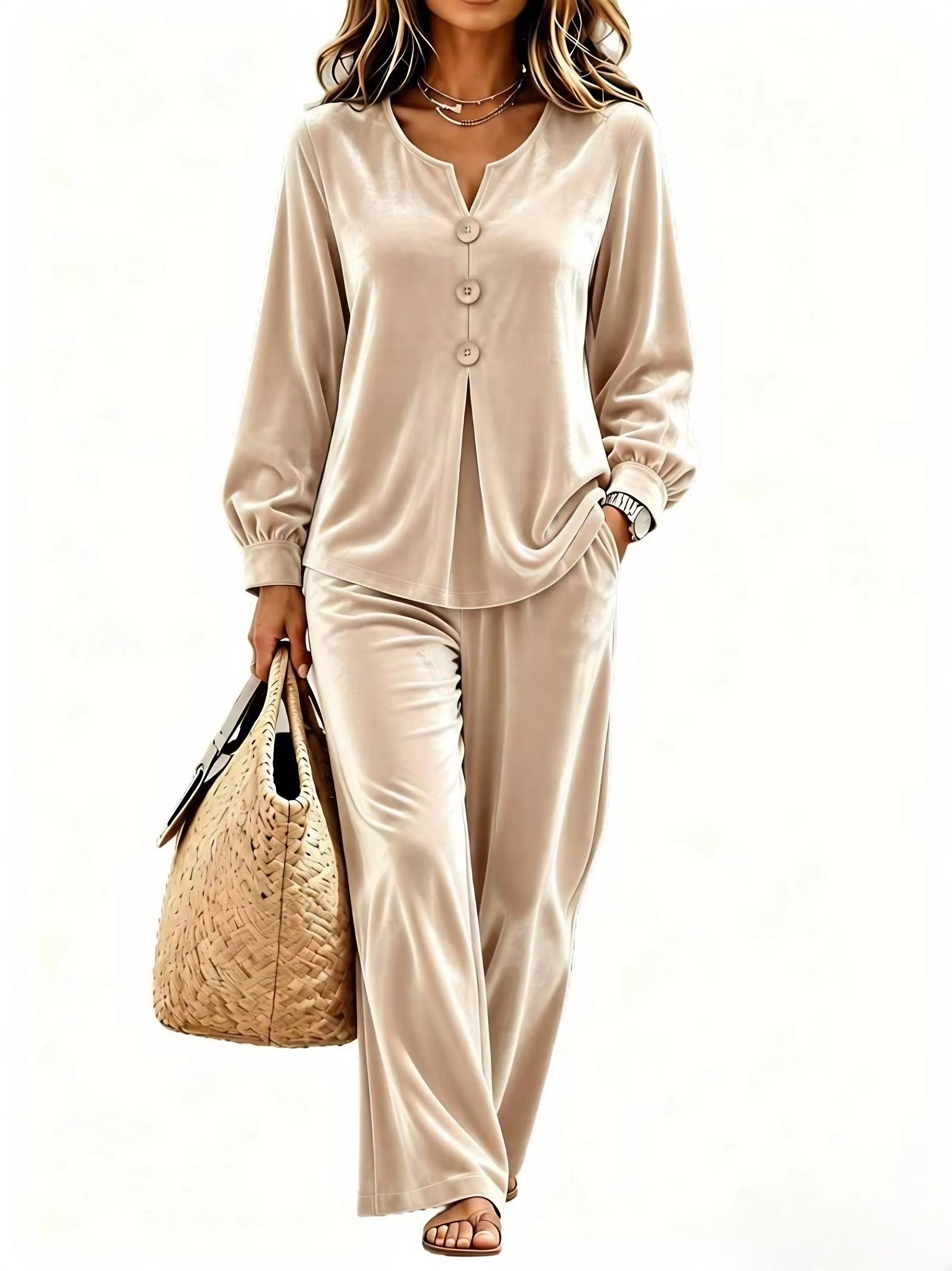 Damen-Outfit, bestehend aus zwei Teilen: Oberteil mit V-Ausschnitt und Knopfverzierung, lange, ausgestellte Ärmel, weite Hose, lässiger Herbst-/Winter-Look, passendes Set mit Taschen. – Detail 9