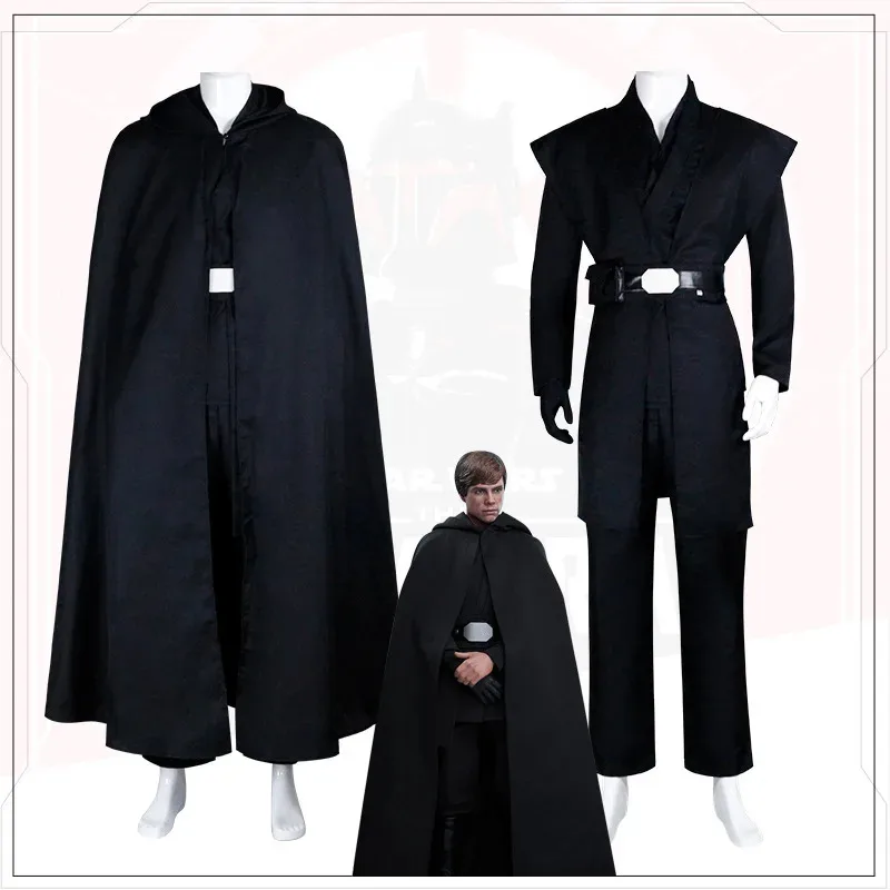 

Skywalker Cosplay Costume Luke Black Battle Top Pants Cloak Full Set Outfits for Men Halloween Carnival Suit tu.3
