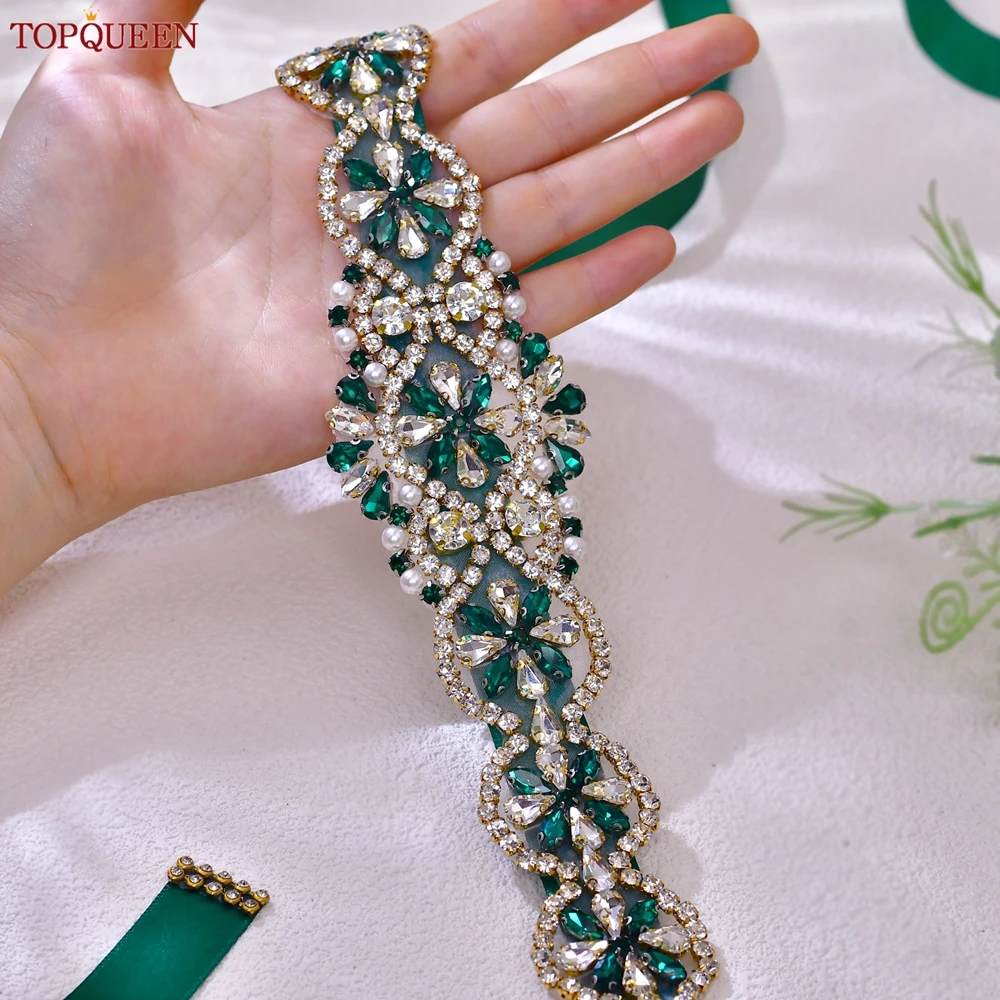 

TOPQUEEN Green Luxury Bride Wedding Dress Belt Women Handmade Moroccan Caftan Sash Accessories Party Gown Green Rhinestone S161