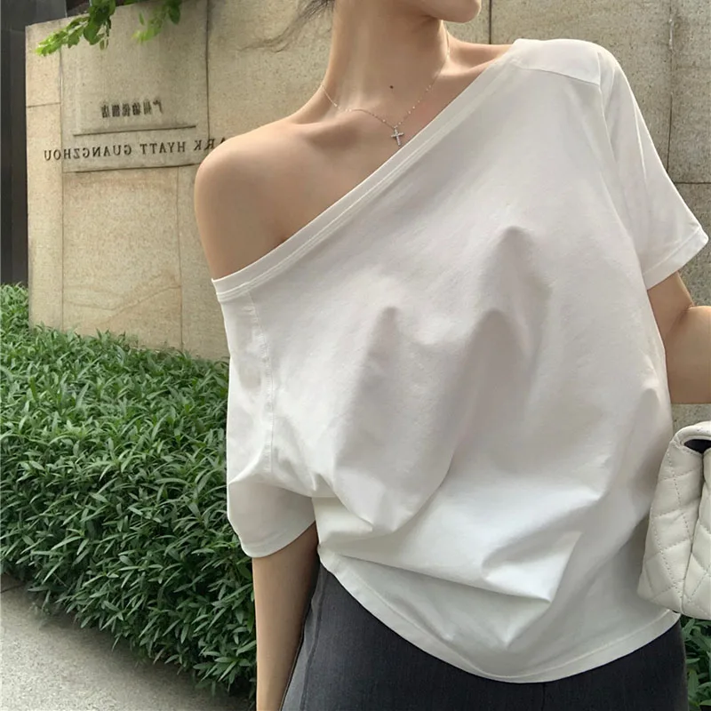 Women's Summer New Casual Off-Shoulder Solid-Color Versatile Top  Loose And Stylish Short-Sleeve T-Shirt  Student Top Y2K Style