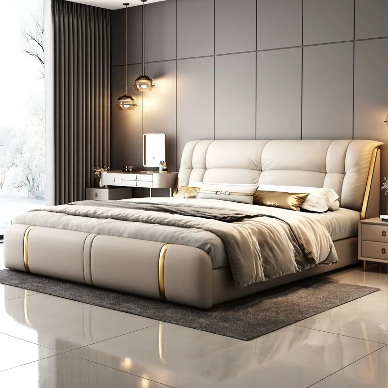 &c High Quality Light Luxury Modern Upholstered Leather Bed Bedroom Furniture Double King Size Bed With Wood Frame and Storage