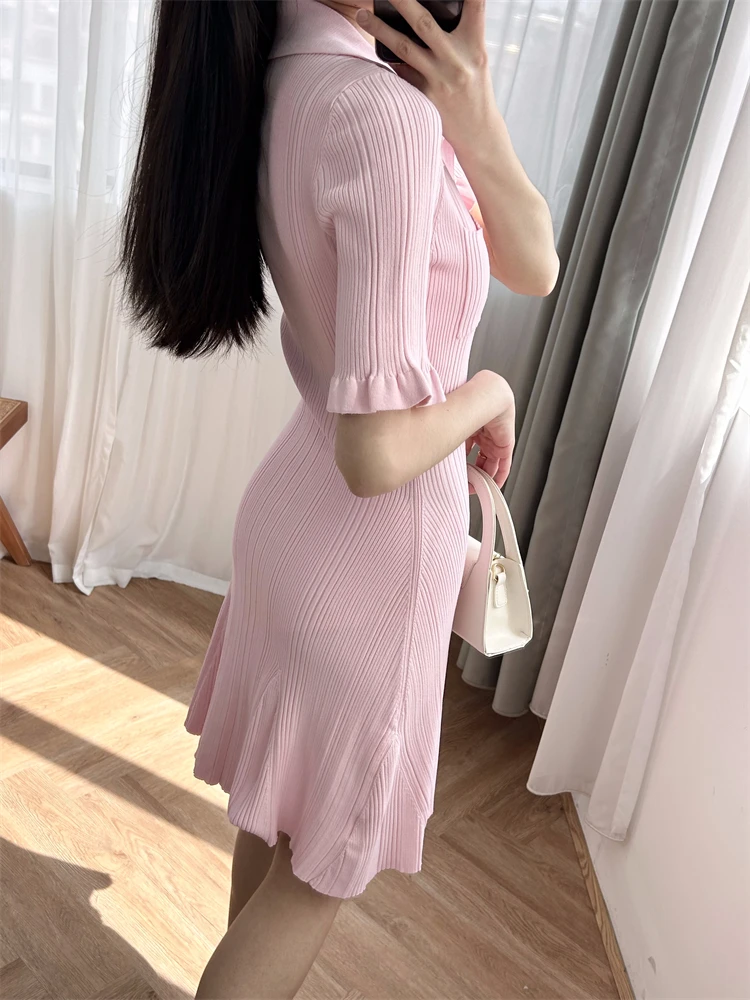 

Elegant and Gentle Pink Exquisite V-neck Knitted Slim Fit Short sleeved Dress A-line Short Skirt for Wome Pink dress women