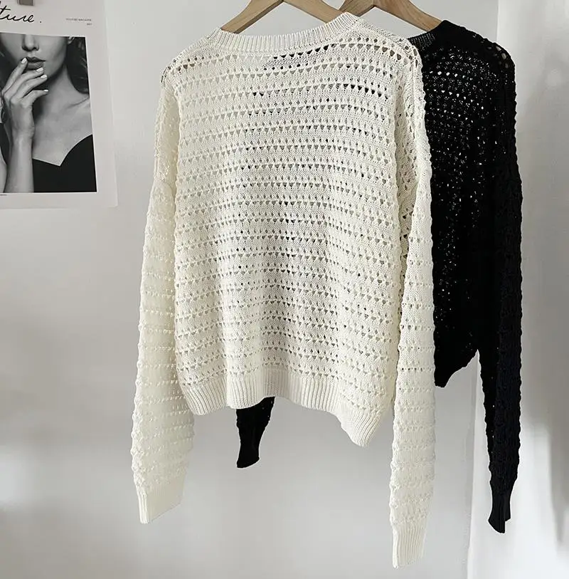 Donegirl Women 2023 New Long Sleeve Hollow Crochet Knitted Sweater Solid Loose Casual Simple Pullovers Tops Female Chic