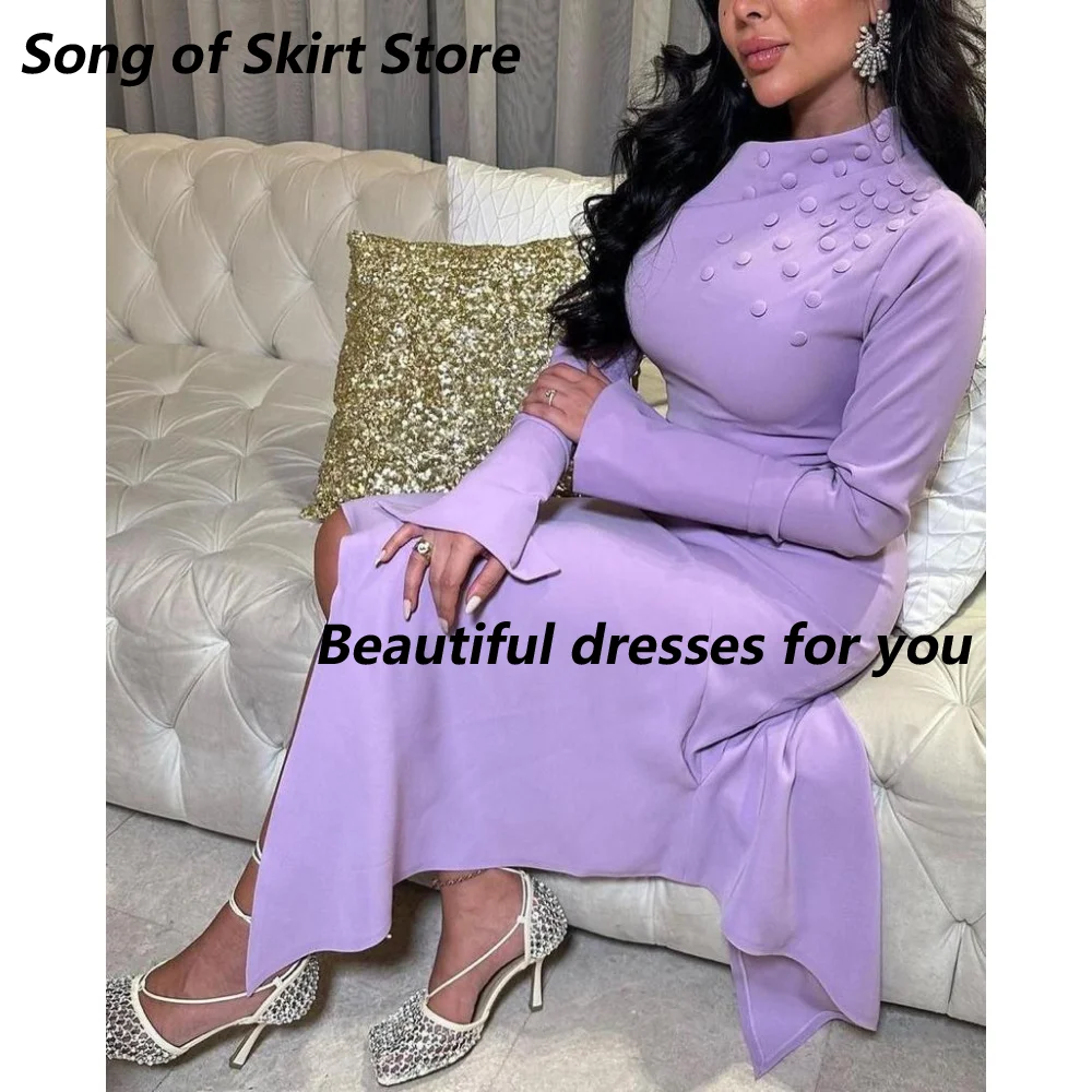 Gaun Malam Leher Tinggi Gaun Prom Jersey Lengan Panjang Kustom dengan Kancing Gaun Pesta Koktail Lurus Panjang Teh Wiru