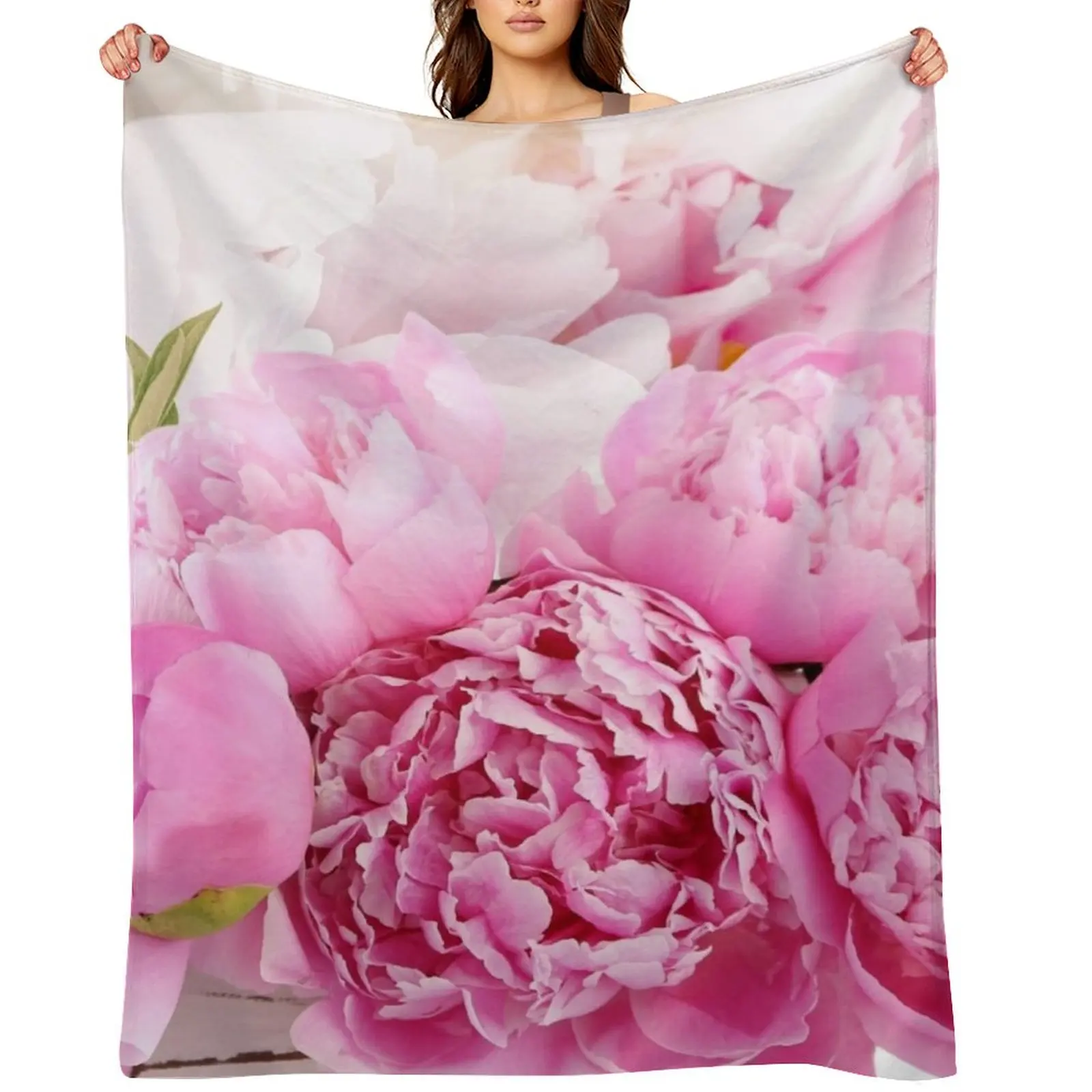 

Shabby Chic Peonies Blossoms Leaves Pink Home Decor Throw Blanket Polar Beautifuls Hairys Decorative Beds Blankets
