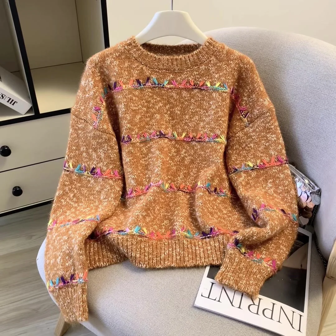 

Women's Orange Striped Pullover Sweater Vintage Aesthetic 2000s Y2k Jumper Knitwear Long Sleeves Sweater Autumn Winter Clothes