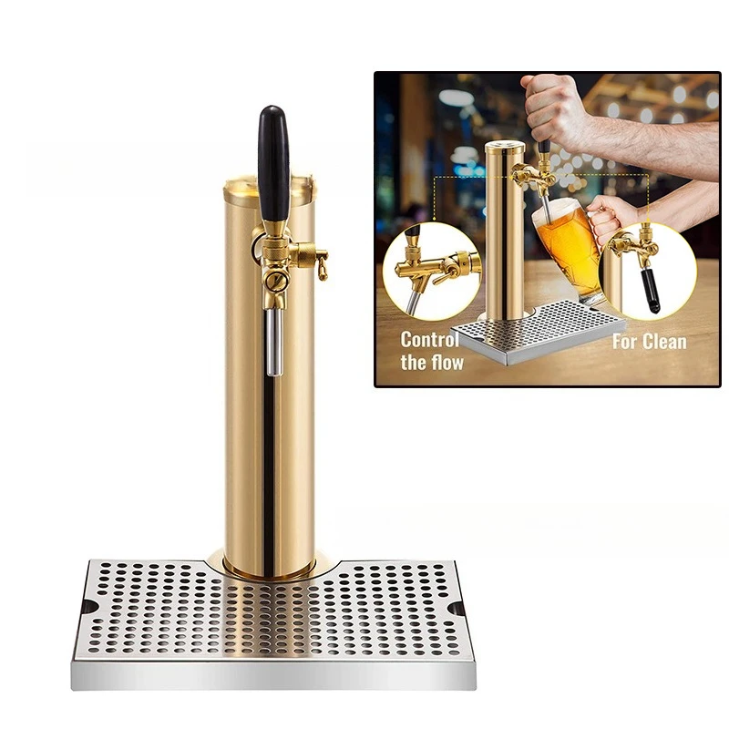 Golden Beer Tower Complete Set, 1‑2‑3 Tap Beer Column with Adjustable Faucet & Drip Tray for Bar Use