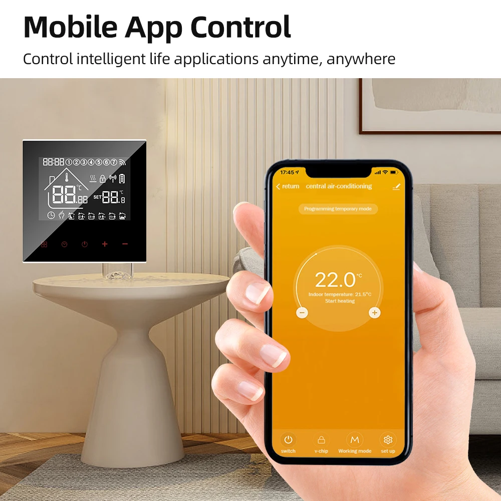 تحكم ذكي في درجة الحرارة ترموستاتي واي فاي ، برمجة أسبوعية ، دعم شاشة LCD ، أرضية تعمل باللمس ، التدفئة الكهربائية