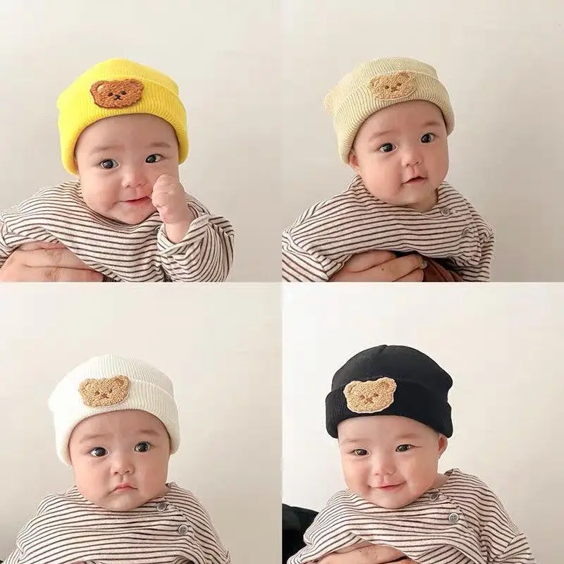 Urso bonito gorro de malha para bebê recém-nascido, boné infantil, chapéus macios de crochê, cor sólida, coreano, menina, menino, outono, inverno