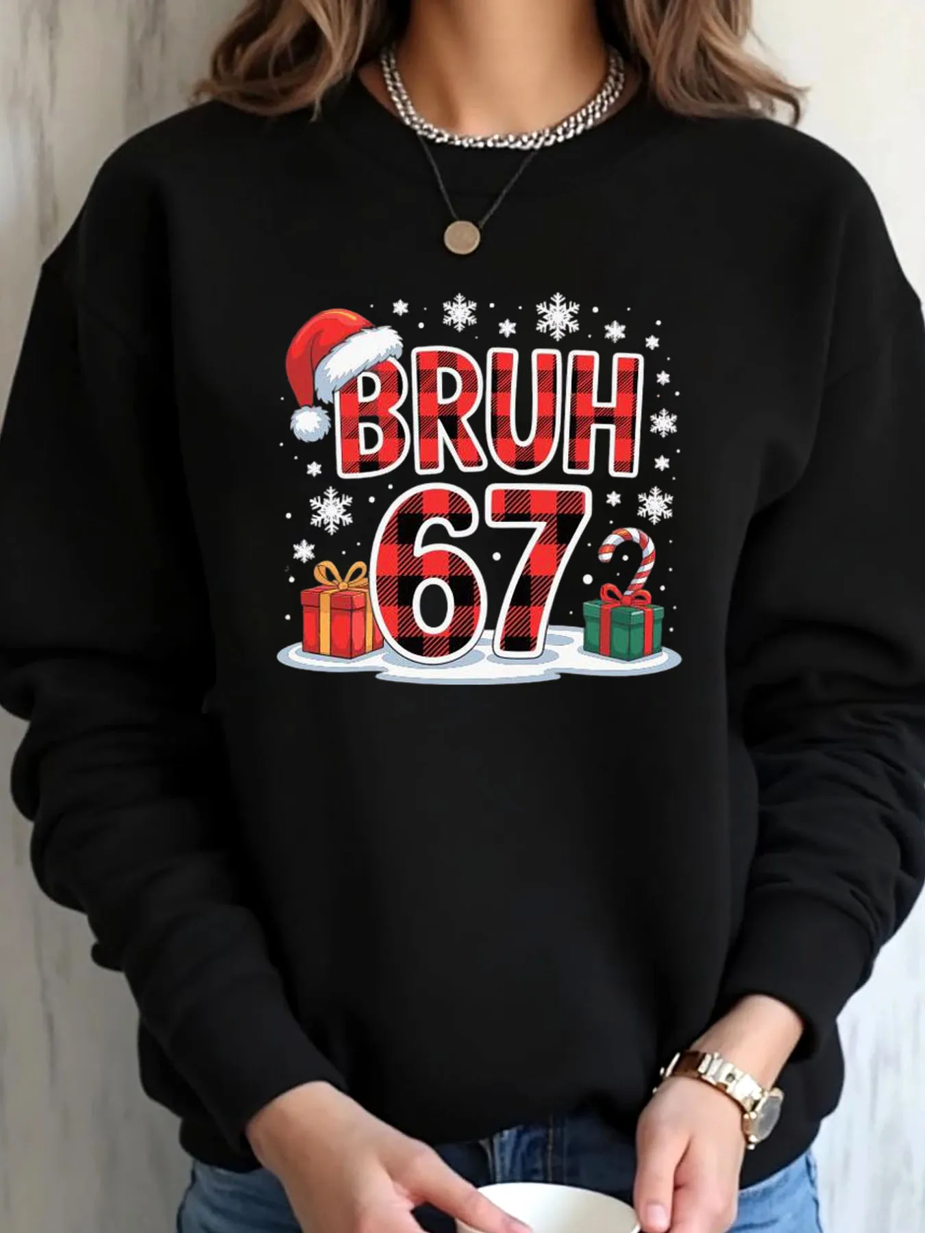 Damen-Sweatshirt in Übergröße, Weihnachten, BRUH 67, kariert, Weihnachtsmütze, Geschenk, Zuckerstangen-Aufdruck, Outdoor-Bekleidung