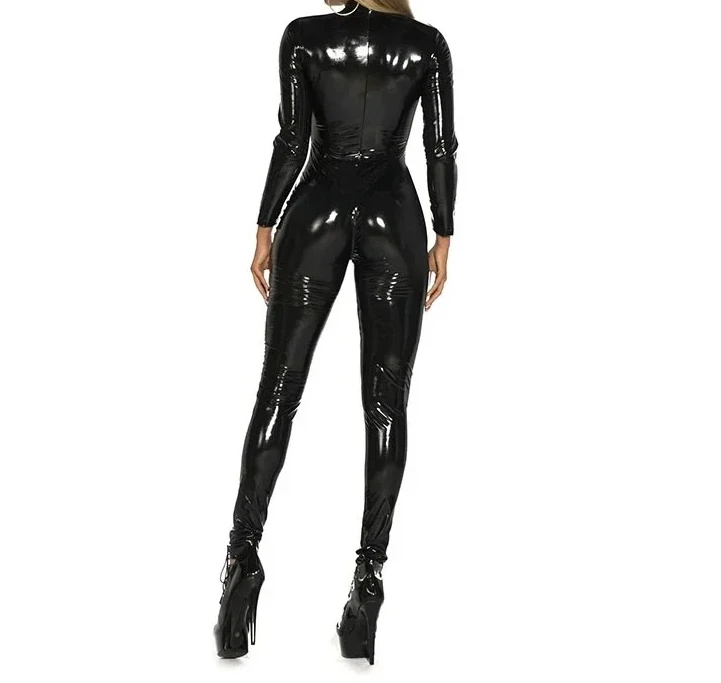 Women Glossy Faux Leather Bodycon Sexy Long Sleeve Jumpsuist Ladies Stretch PU Leather Rompers Cosplay Support Custom