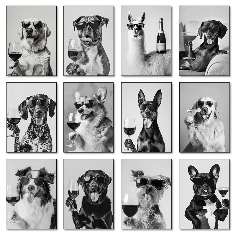 Black and White Funny Animal Poster Drinking Dog and Wine Glasses Canvas Painting Pet Wall Art Kitchen Room Home Decor Mural