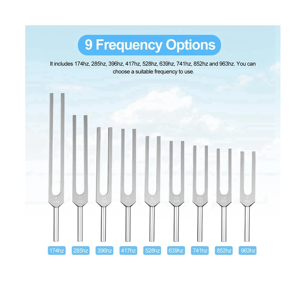 9 Silver Tuning Forks for Healing Chakras, Sound Therapy, Maintaining Perfect Harmony of Body, Mind and Spirit