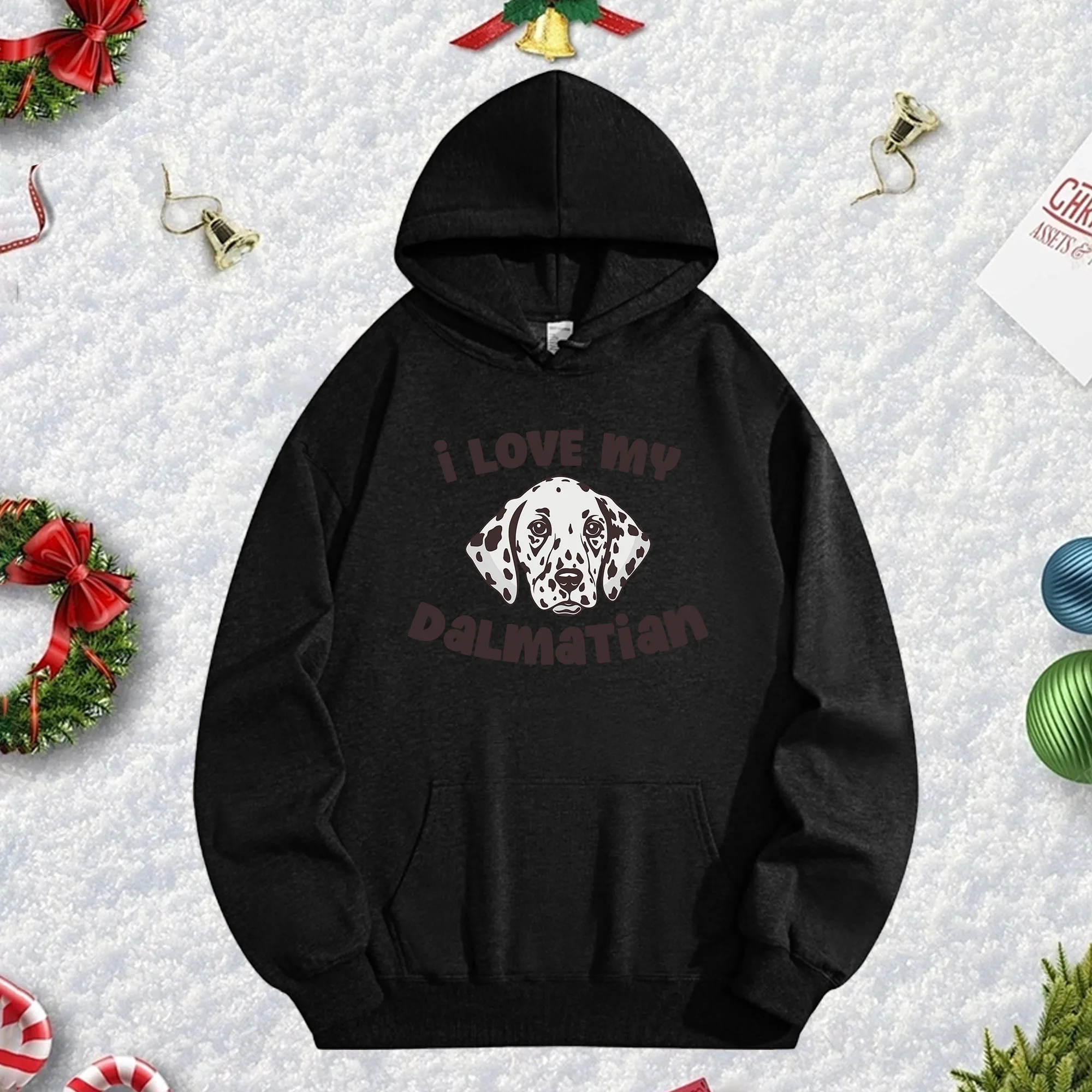 

Черная толстовка с капюшоном I Love My Dog 270 г для мужчин и женщин, уютный флисовый пуловер большого размера для осенне-зимнего рождественского сезона