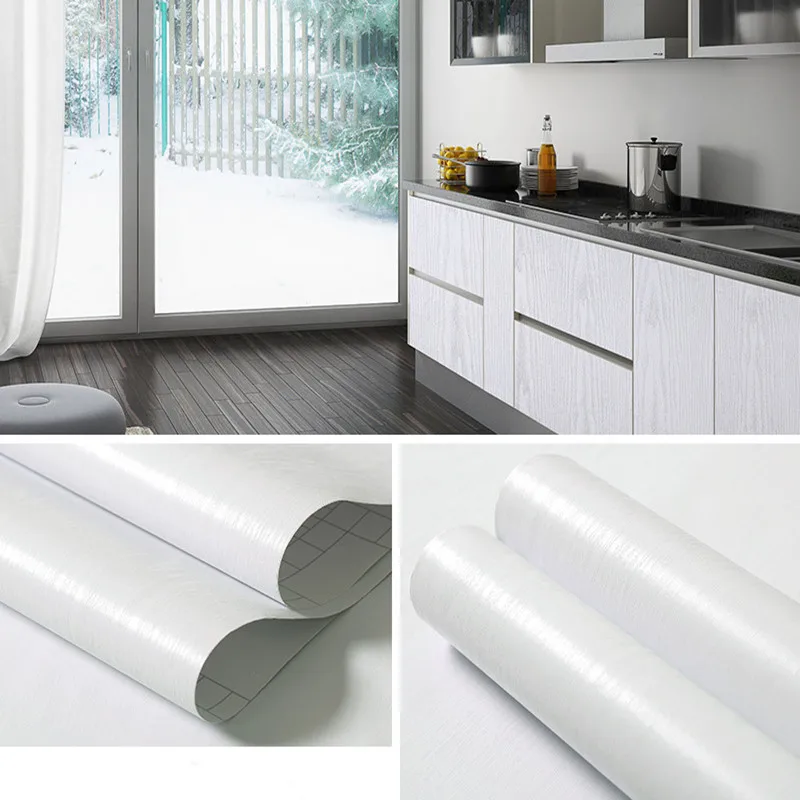 Grão de madeira branco puro auto adesivo papel de parede armário à prova d \'água pvc vinil mobília do quarto porta renovação adesivo de parede