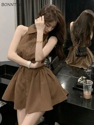 Vintage Sleeveless Dresses Women Bandage Hotsweet Mini French Style Bodycon Temperament Khaki Fashion A-line Girlish Casual Chic