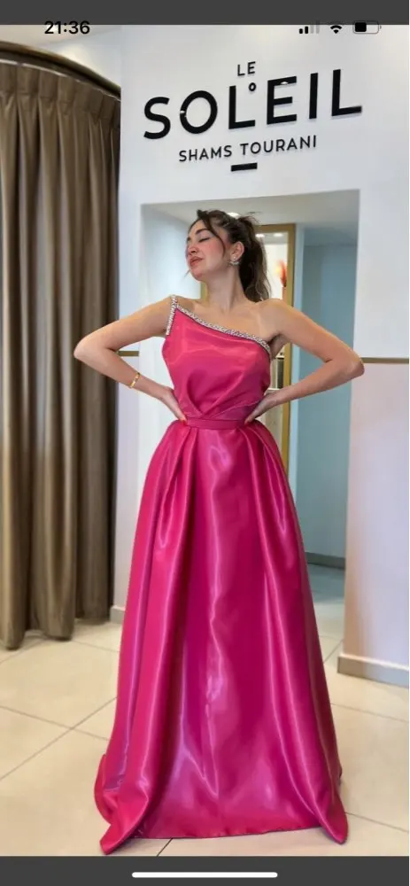 Evening Dresses 2024 One Shoulder Ruched Fuchsia Satin Long A Line with Rhinestone Formal Party Prom Gowns Special Occasion