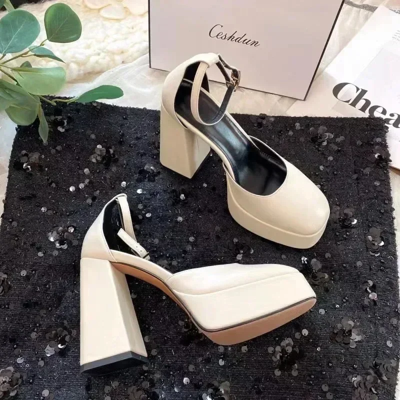 Eleganckie buty na wysokim obcasie damskie 2023, seksowne paski na kostkę czarne białe damskie buty na obcasie na platformie, imprezowe czółenka,