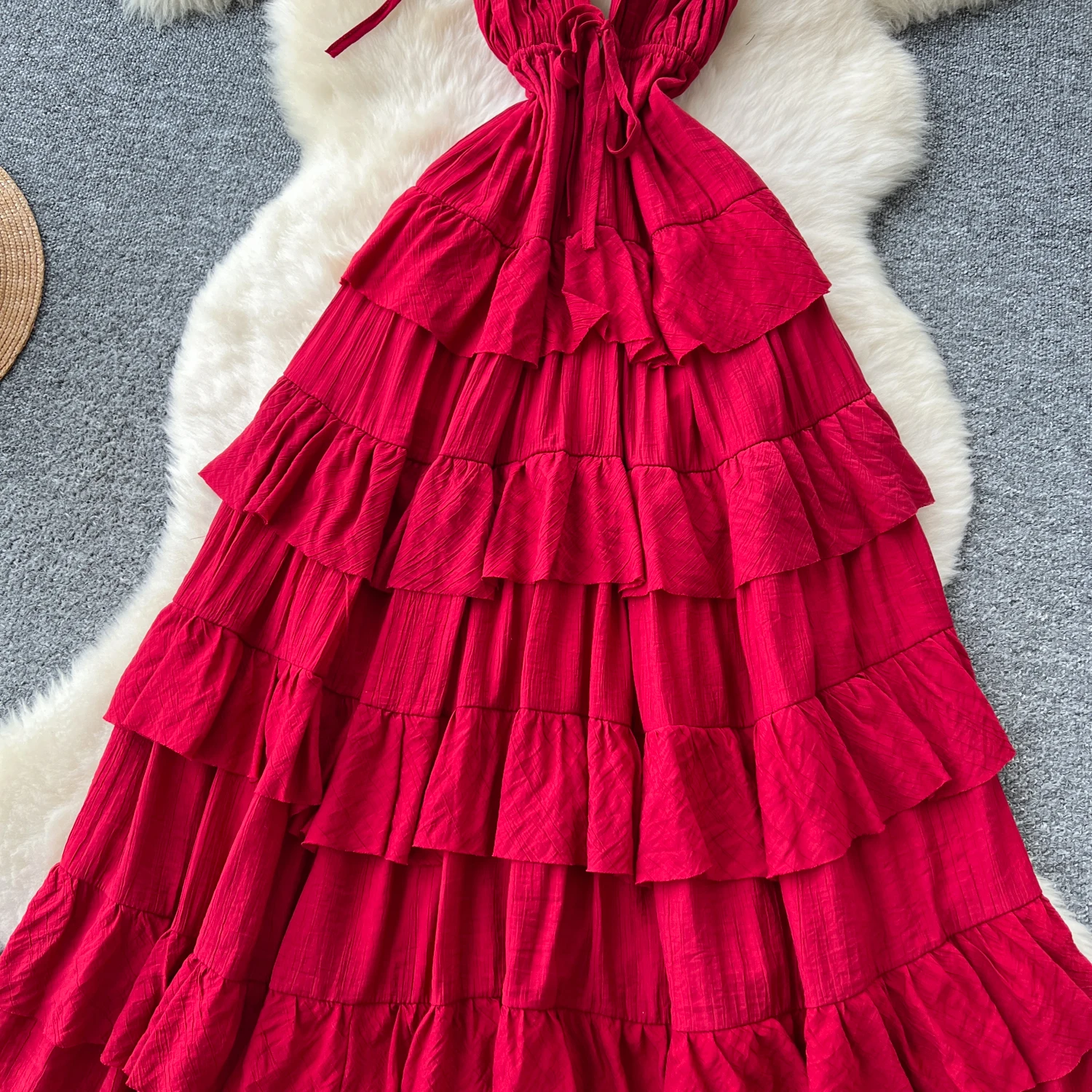 Chic vintage scollo a V a strati solido sottile Elegante fata moda coreana Boho vestito estivo abbigliamento donna Abito lungo