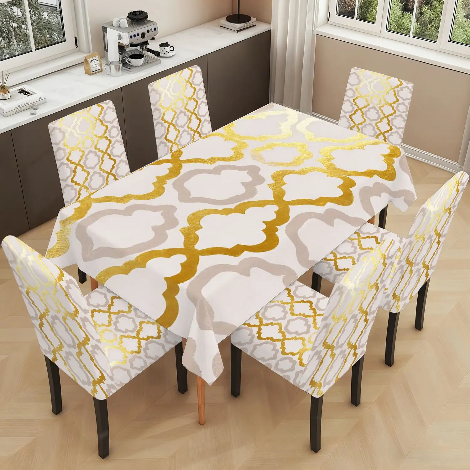LANMOLIFE 5/7-teiliges Tischdecken-Set für Esszimmerstuhl-Abdeckung, luxuriöses marokkanisches Design mit Goldmuster, atmungsaktiv, für Hotel-Bankett-Dekoration