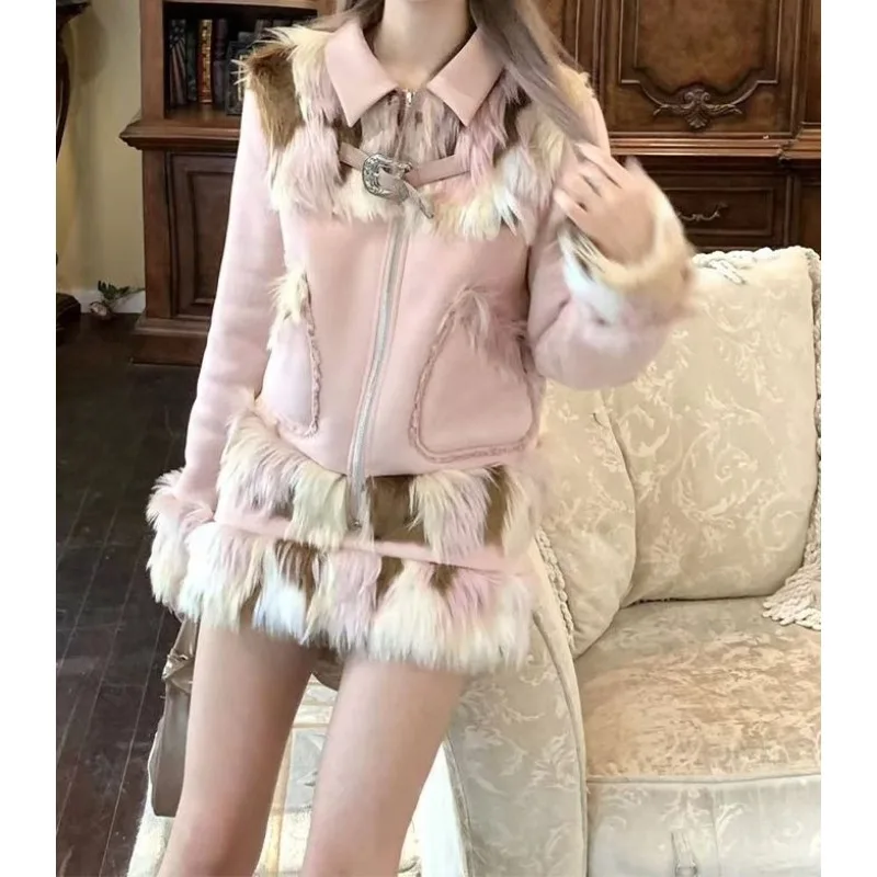 

Милый шоколадный, кожаный розовый паркетный комплект из флиса ягненка, осенне-зимняя толстая юбка 2025