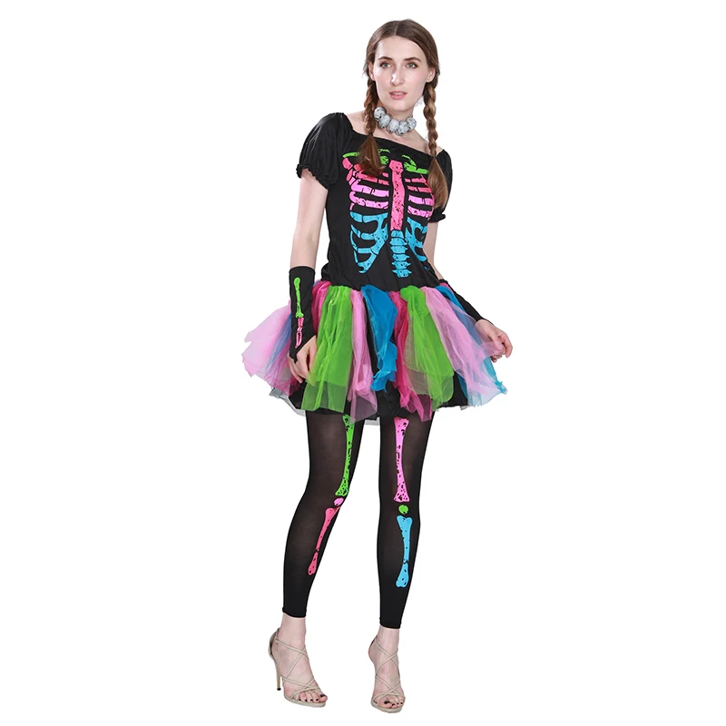 Robe colorée pour femmes, Costumes d'halloween, squelette, Sexy, punk, Cosplay, fantaisie, fête, carnaval, pâques