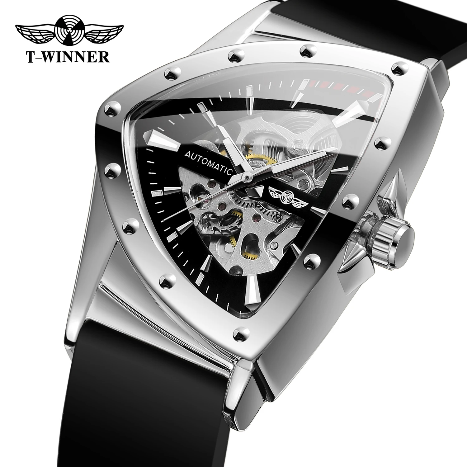 Winner Military Triangle Skeleton Automatic Watch for Men Gold Sports Mechanical Watches Luxury Rubber strap Luminous