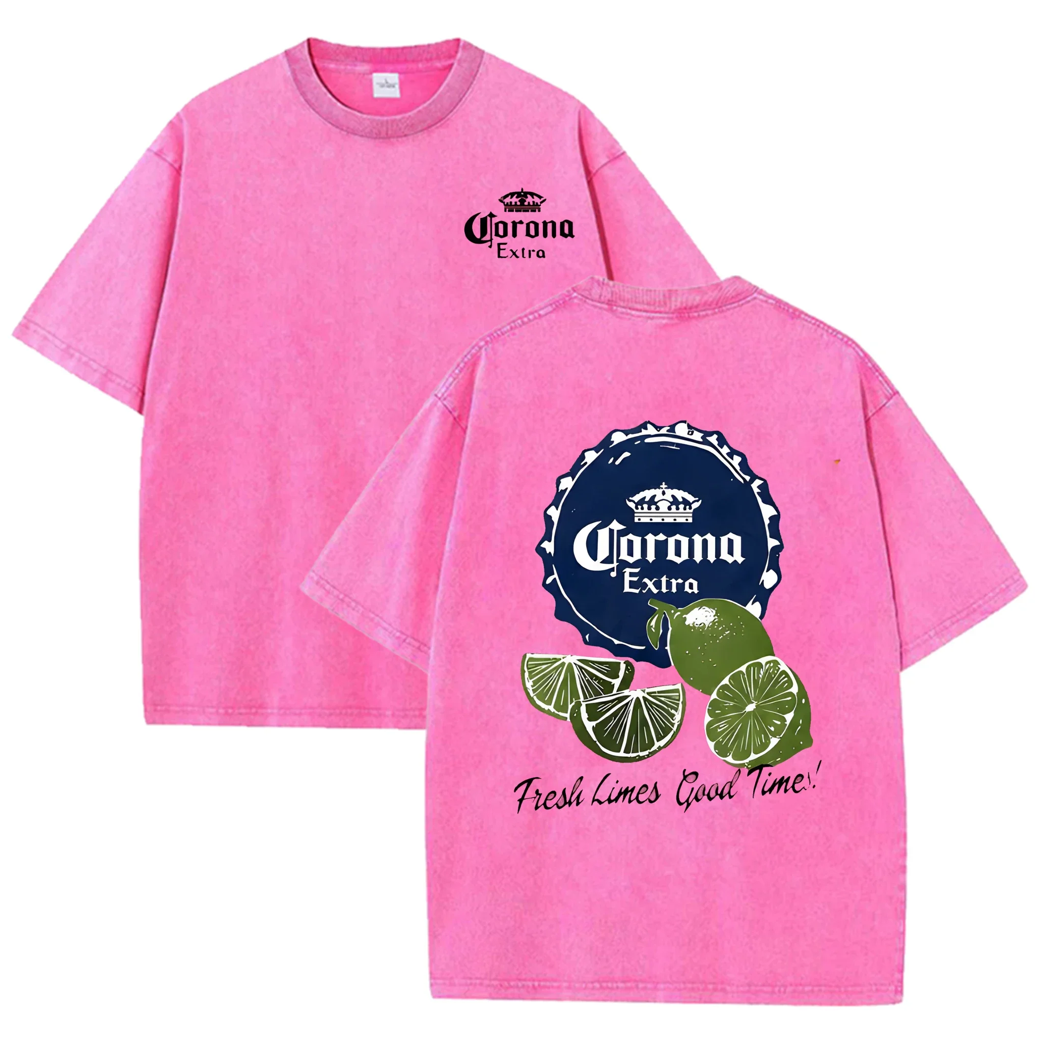 

2026 American Retro T-shirt 100% Pure Cotton Double-Sided Distressed Print Beer Lime Fun Letter Graphic Tees Streetwear Daily