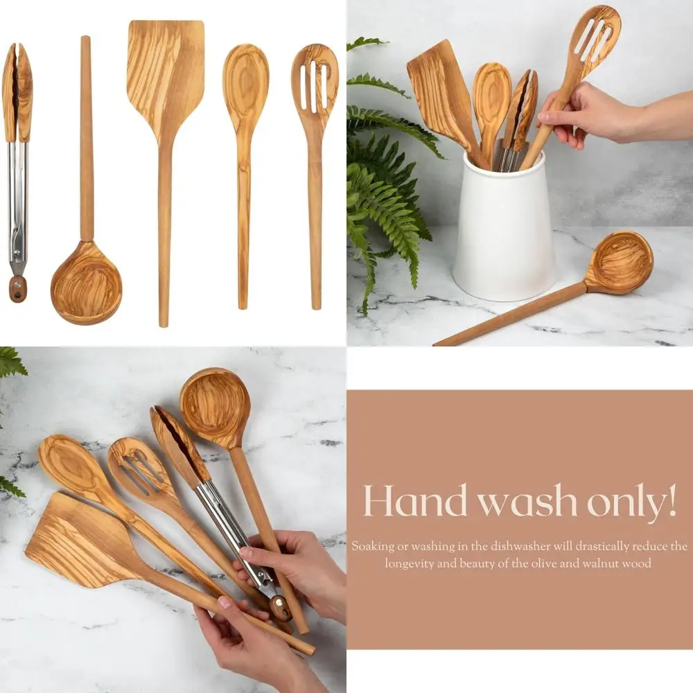 

Набор кухонной утвари из 5 предметов из оливкового дерева: токарный станок, щипцы, ложка с прорезями, ковш, 12 ложок — идеально подходит для сковородок с антипригарным покрытием