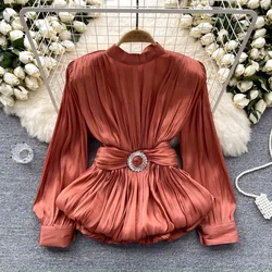 Luxury Senior Women Pullover Tops Lady Elegant Party Dinner Banquet Allure Blouse Diamond Waist Belt Shirts High Neck Camisa