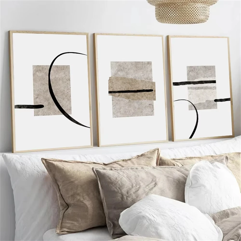Abstract Color Block Beige Black Line Poster and Print Minimalist Wall Art Oil Painting Nordic Living Room Bedroom Decoration