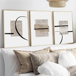 Abstract Color Block Beige Black Line Poster and Print Minimalist Wall Art Oil Painting Nordic Living Room Bedroom Decoration