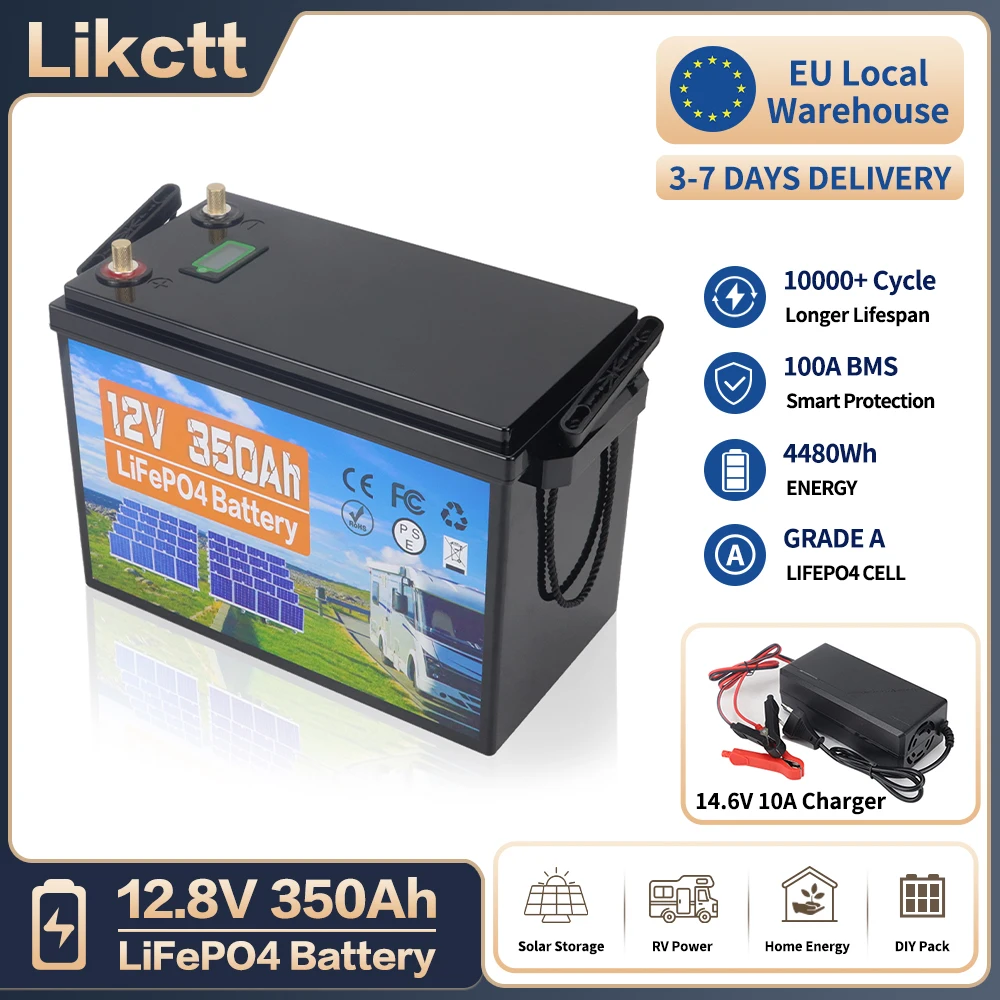 12V 350Ah LiFePO4-Batterie mit Smart-BMS-Schutz, 10000+ Tiefzyklus, Lithium-Eisenphosphat-Batterie für Solarspeicher, Wohnmobil, Boot, Trolling-Motor, Notstromversorgung zu Hause