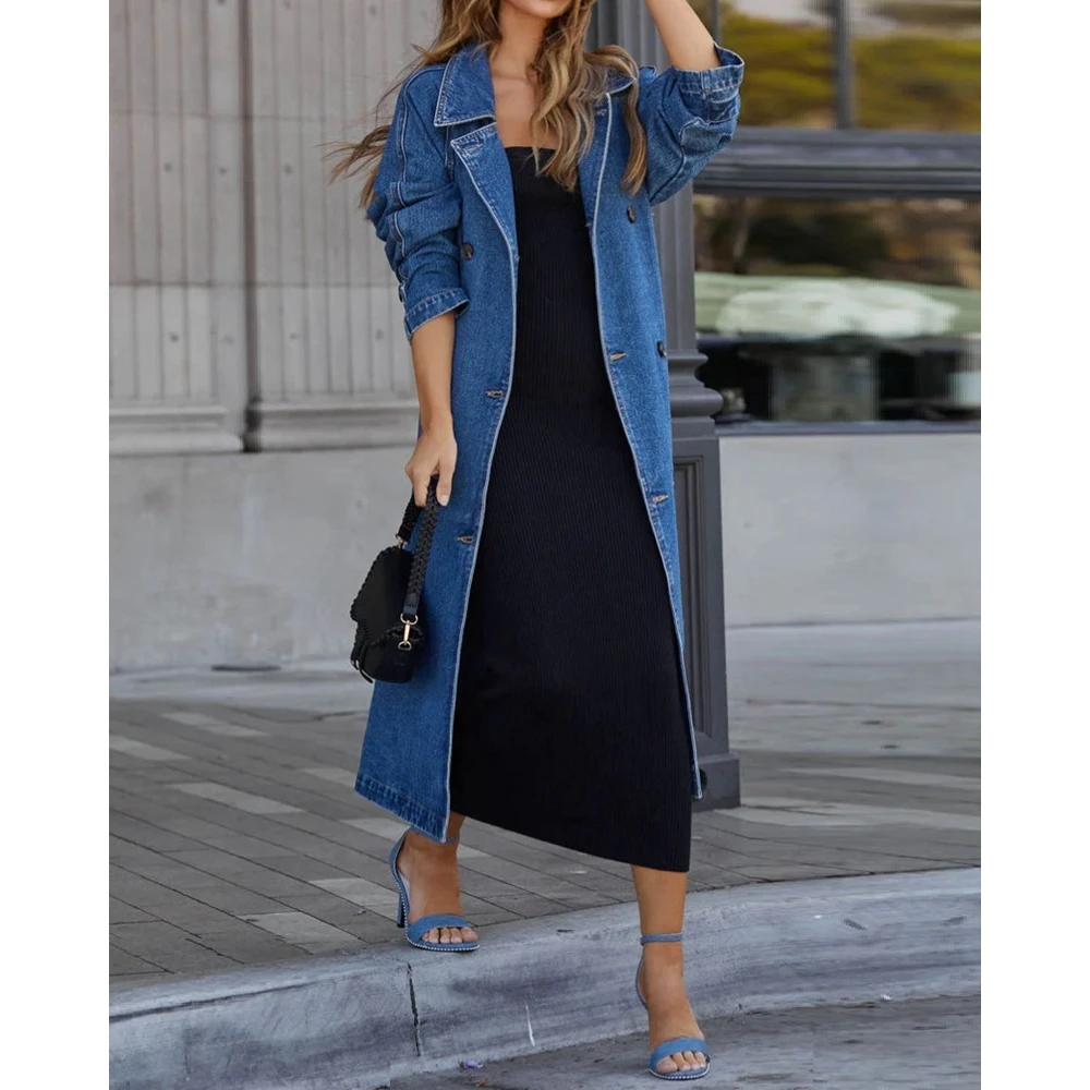 

Autumn Fashion Women Double Breasted Elegant Denim Teddy Coat Jackets Casual Femme Long Sleeve Turn-down Collar Long Outfits