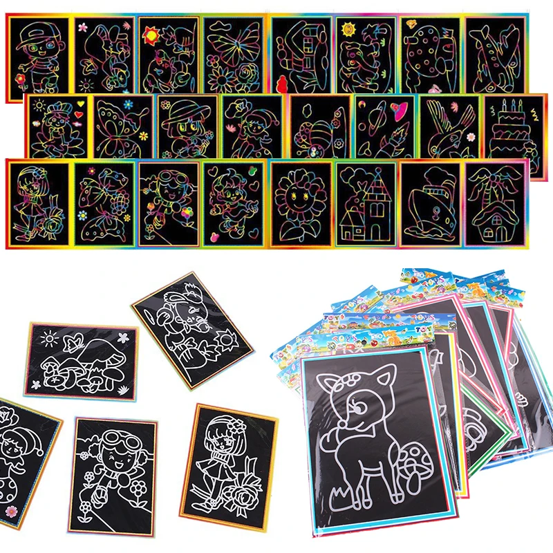 10/20 Vellen Magic Scratch Tekenpapier Willekeurige Gemengde Leuke Cartoon Patroon DIY Schilderen Speelgoed voor Jongens Meisjes Graffiti levert ZYF