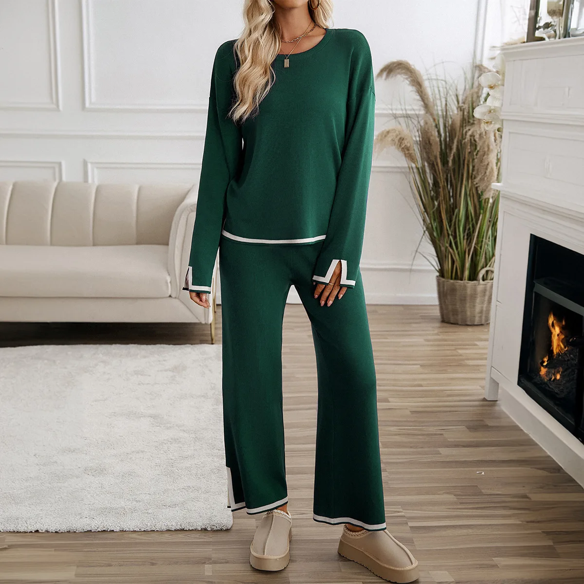 

Female 2026 Casual Pullover Ensemble Knitting Suit Women 2 Piece Sets Top Sweater Split Wide Leg Pants Trousers Knitted Outfits