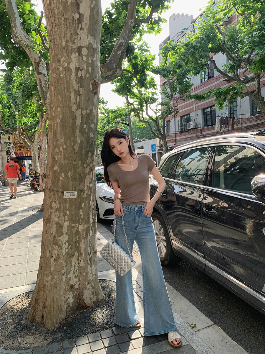 

Широкие джинсовые джинсы с высокой талией, женские новые длинные бархатные хлопковые брюки-клеш с эффектом похудения в стиле ретро