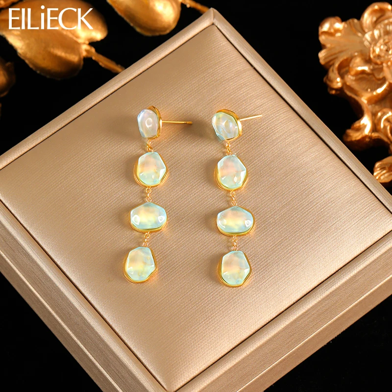 

EILIECK 316L Stainless Steel Dazzle Stone Drop Earrings For Women Trendy 18k Gold Plated Ear Dangle Texture Fashion Jewelry Gift