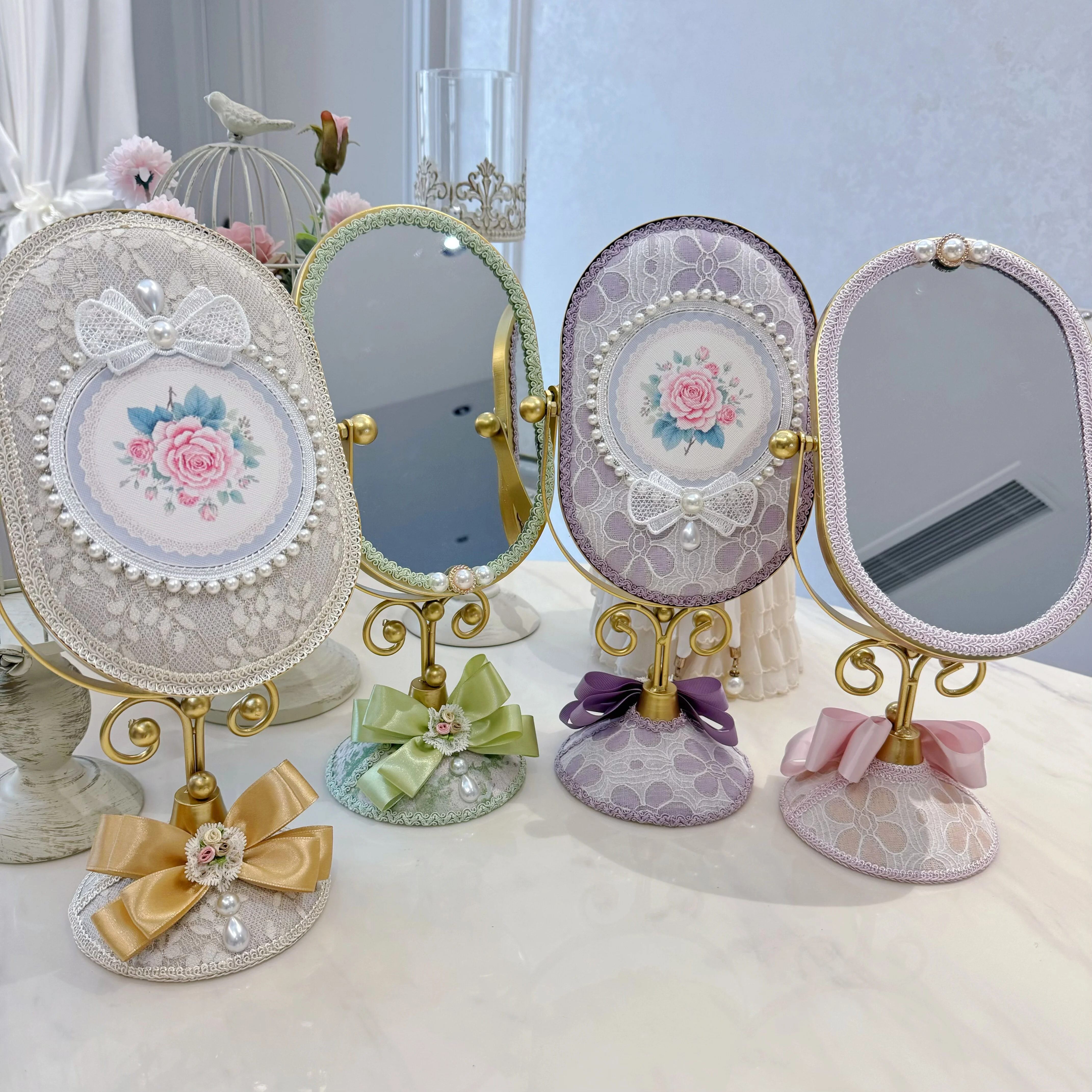 European Retro Pearl Lace Mirror Dressing Mirror Heart Creative Desktop Princess Mirror Rotatable Handmade Leather Metal Frame