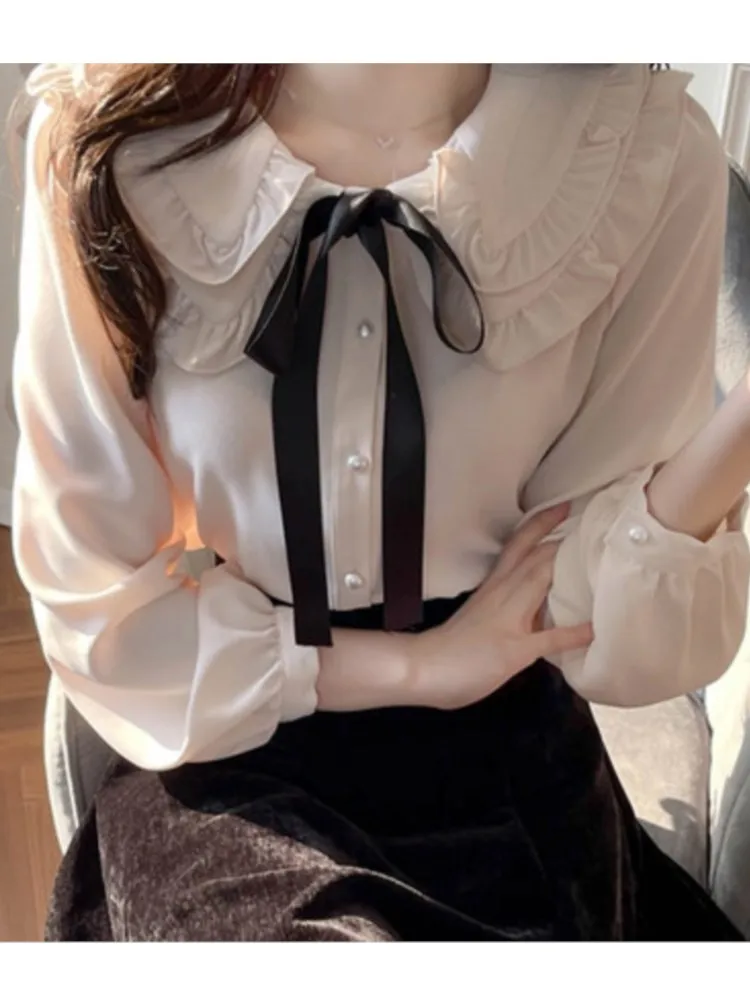 Summer  Chiffon Sweet Ruffles Shirt Women Blouse Cute Bow Tie Office Ladies Tops Blouses  Japan Korea Chic Roupa Feminina