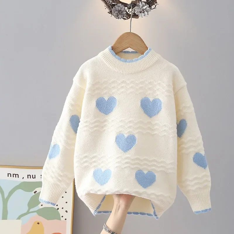 Children New Kids Heart-shaped Round-neck Sweater Girls Base Thermal Knitwear Student Fleece Wool Warm Pullover Loose Children