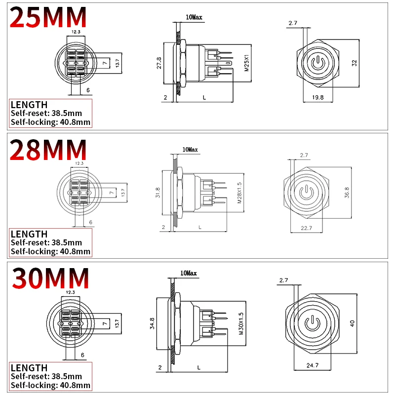 2NO2NC 25/28/30mm Waterproof Metal Push Button Switch LED Light Momentary Car Engine Power Switch 3/6/12/24/220V silver 1NO1NC