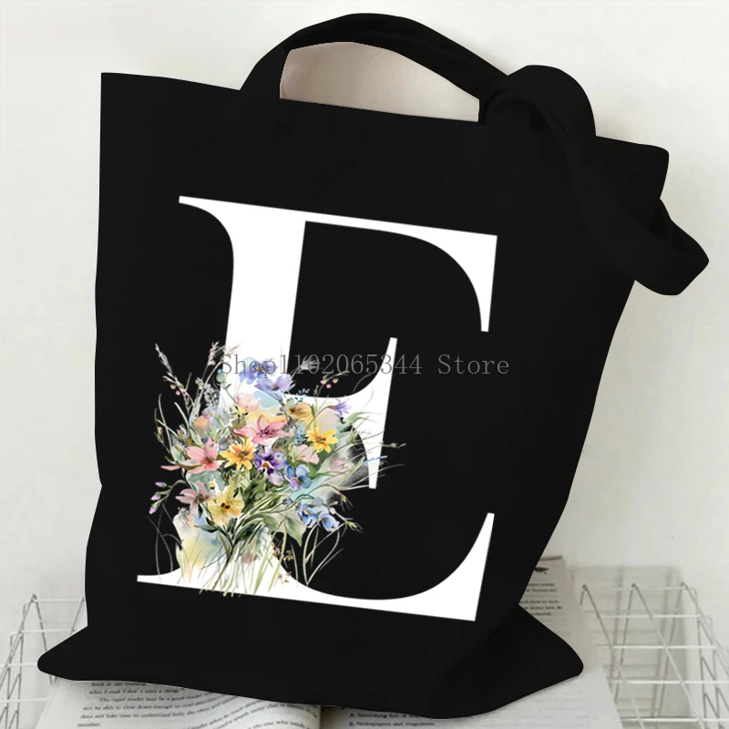 Fashion Shoulder Bag Aesthetics Wildflower 26 Alphabet A B Graphic Shopping Bags Vintage Letter Foldable Canvas Women\'s Handbags