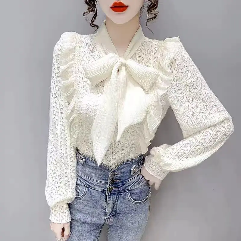 女性用リボン付きスリムシャツ,フリル,スカーフ,ドローストリング,エレガント,ファッショナブル,カンジュート,甘い,春,秋